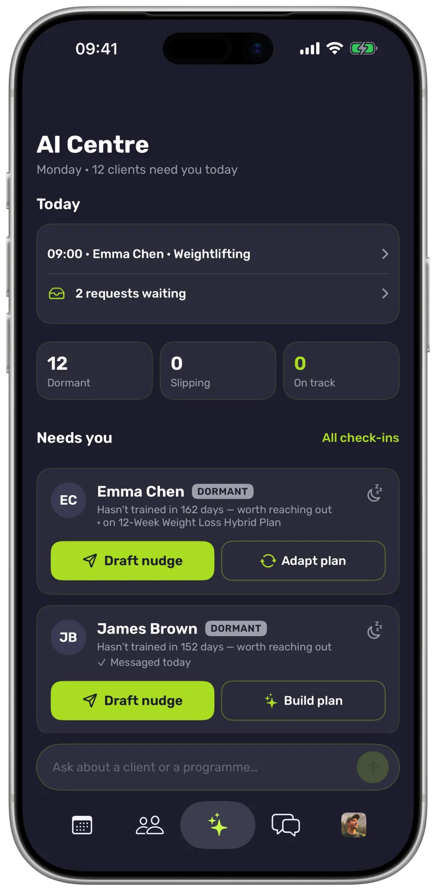 The trainer's AI Centre: clients who need you, each with a Draft nudge button