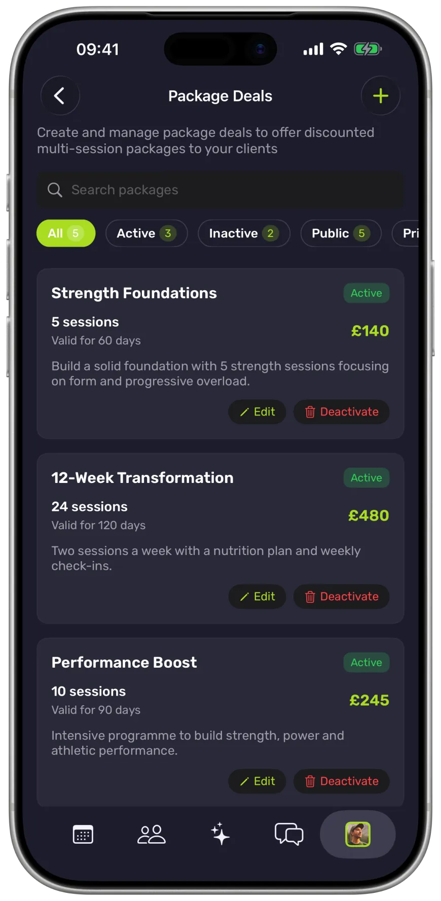 Coach packages in the Gymbile app